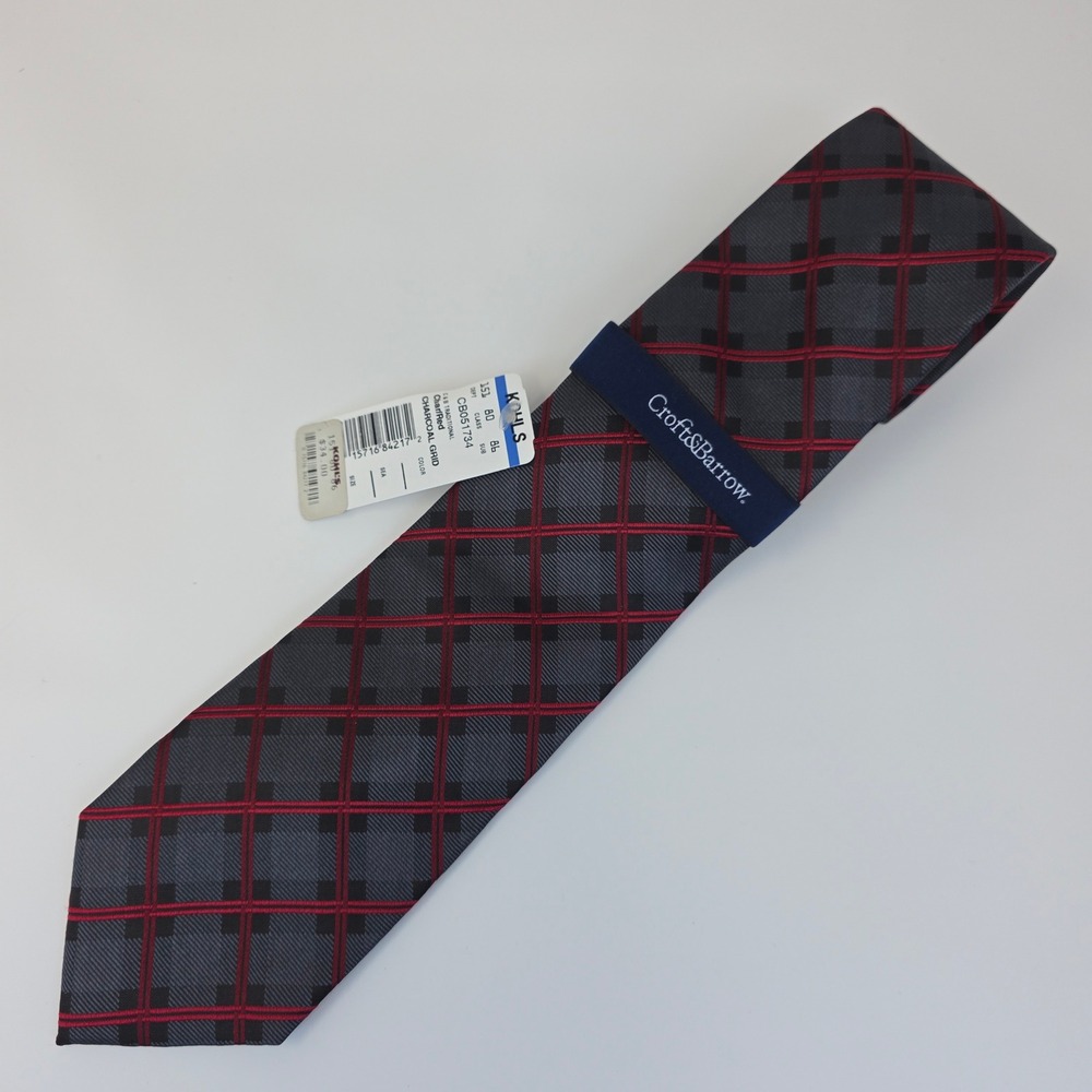 Croft & Barrow Necktie Mens One Size Charcoal Red Grid Silk Blend CB051734